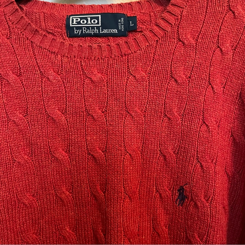 POLO RALPH LAUREN x Vintage 100% Silk Cable Knit Crew Sweater Red Heather Sz L - Picture 2 of 8
